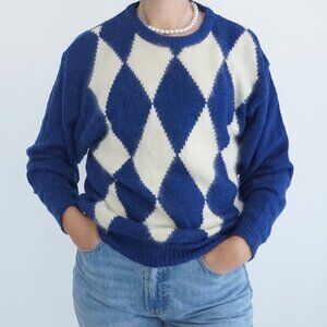 Vintage Magnolia Blue White Argyle Knit 73% Wool 5% Angora Crewneck Sweater M